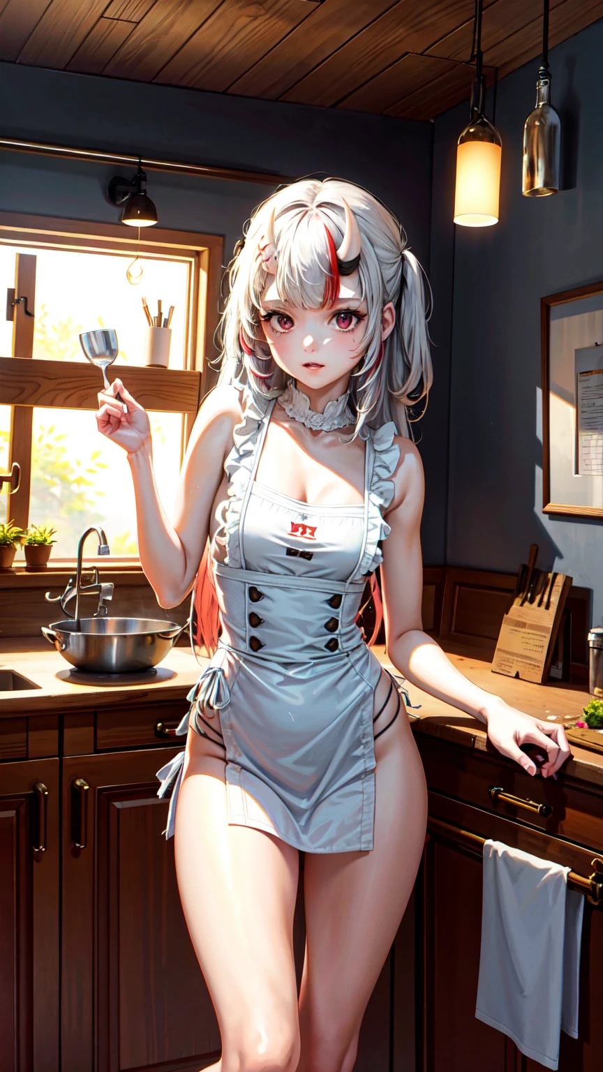 (high resolution:1.2),ultra-detailed,(girl in a kitchen:1.1),(creating a masterpiece artwork:1.1),(wearing jelofolkwang's white apron:1.1). She(stands alone:1.1),confidently(showing her highly detailed and beautifully sculpted body:1.1). The(apron:0.9) partially covers her, revealing a(sideboob:1.1) and a(hint of her perfect physique:1.1).

The kitchen is well-lit with(natural sunlight:1.1), casting a(warm glow:1.1) on the scene. The girl's artwork(takes the center stage:1.1), showcasing her(creativity and talent:1.1). The(painting:1.1) is an(ultra-detailed masterpiece:1.1), with(vivid colors:1.1) and(sharp focus:1.1).

In the(background:1.1), we can see various(cooking utensils:1.1) and(ingredients:1.1), emphasizing the girl's passion for(art and culinary:1.1). The(atmosphere:1.1) is filled with the(aroma of delicious dishes:1.1), enhancing the(overall experience:1.1).

The(image quality:1.1) is of the(highest standard:1.1), with a(resolution of 4K or 8K:1.1), capturing every(minute detail:1.1) in the(artwork:1.1) and the(girl's appearance:1.1). The(lighting and shading:1.1) are expertly(rendered:1.1), creating a(realistic and photorealistic effect:1.1).

This prompt combines(elements of sensual beauty and artistic expression:1.1), presenting a(captivating and visually stunning scene:1.1). Show pantie, legwear 