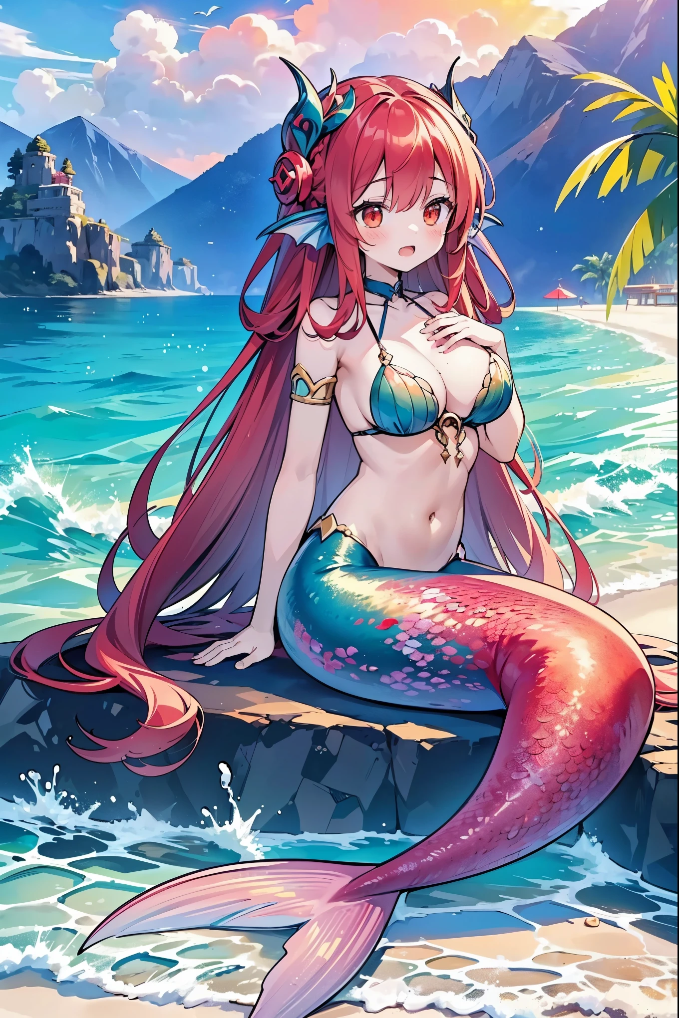 masterpiece, best quality,(Full fingers),A woman,Large Breasts,Mermaid,Red long hair,Headdress,红色的Mermaid尾巴,head fins,full-body shot,beach,Sitting on the shore,Open your mouth and sing,charming脸(Kawaii, charming,Soft)