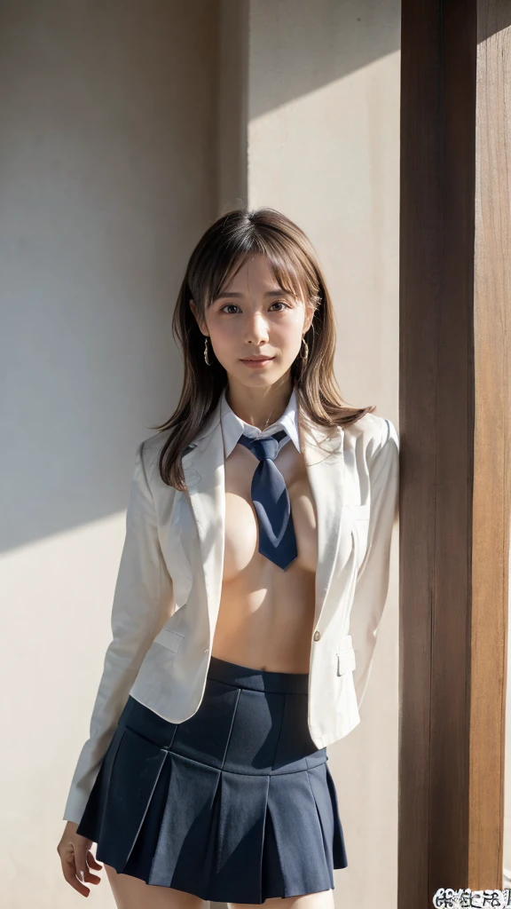 a Japanese girl walking in the school, school, a white wall, a grey table, ((master piece)), ((best quality)), ((intricate detailed)), ((Hyperrealistic)), milf, mature woman, perspective, highly detailed, illustration, ((natural beautiful breasts)), perfect hands, detailed fingers, beautiful detailed eyes, medium long hair, blown eyes, school blazer, school shirt, school dark blue mini skirt, long school necktie, earrings, detailed background, perfect eyes, looking at the viewer, from front, white panties, slender body, 168cm, inverted nipples, nsfw,