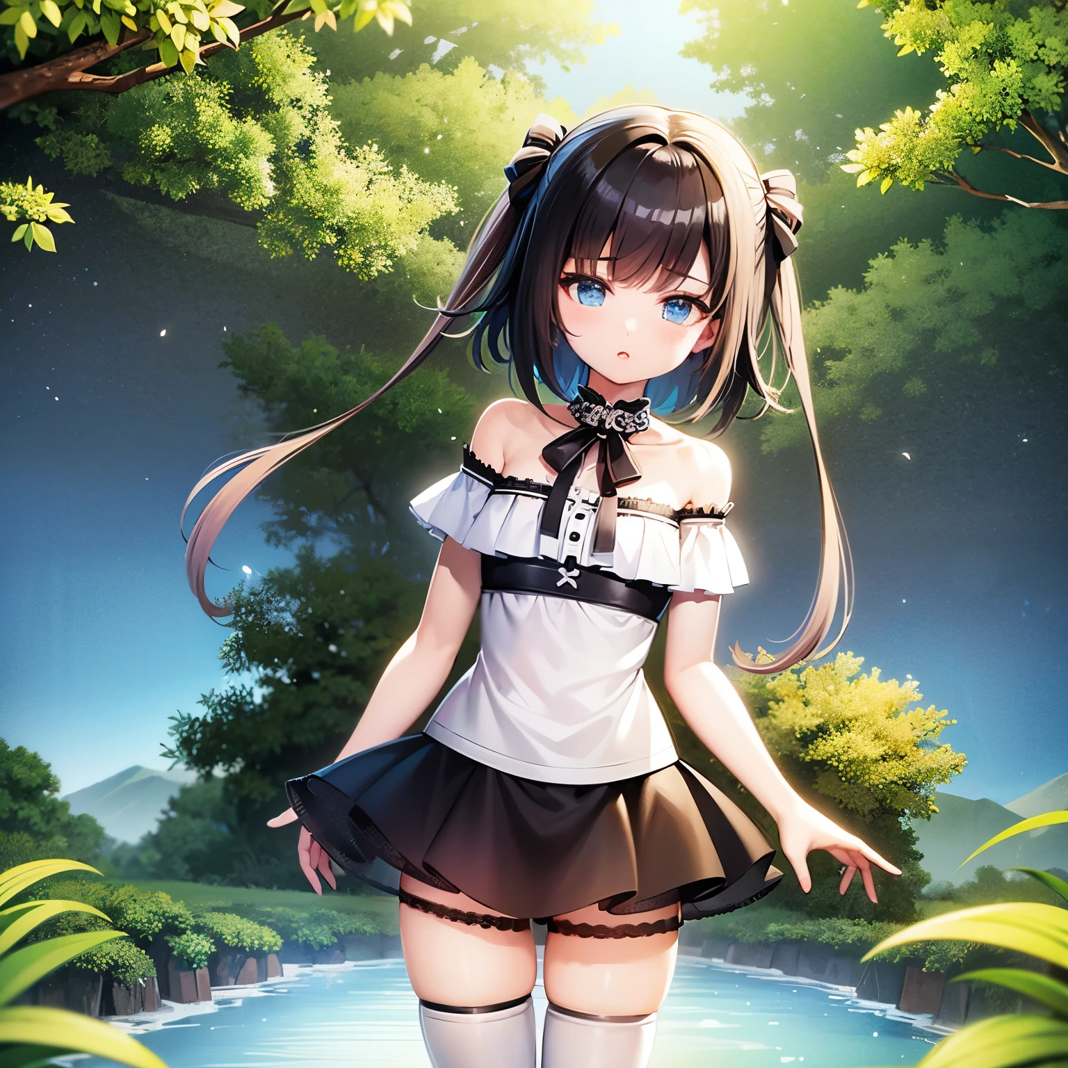 highest quality、masterpiece、One Girl、From the thigh up、Black Hair、Blue Eyes、short hair、Off the shoulder、Shorts、Knee socks