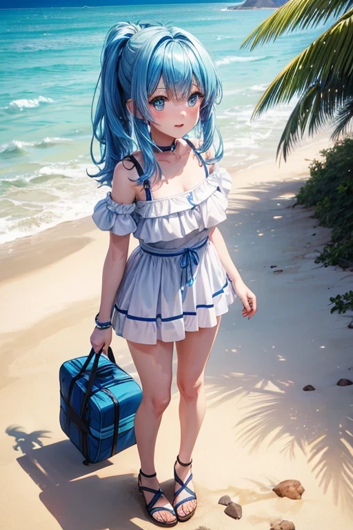 Blue haired anime girl, blue eyes, summer outfit, beach, whole body, standing