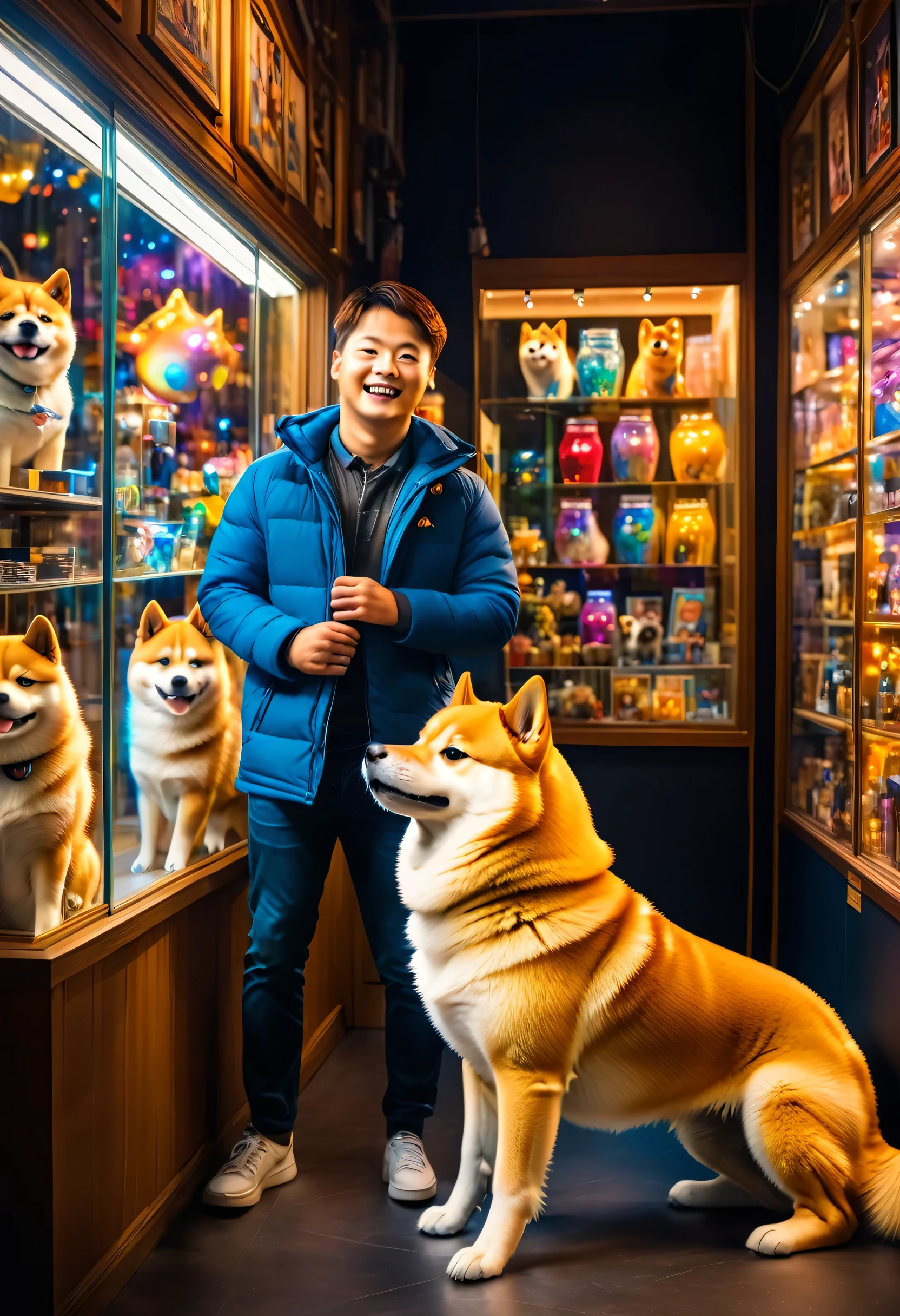 (high quality, high resolution), (best quality, 4k, 8k, high resolution, masterpiece: 1.2), ultra-detailed, (realistic, photorealistic, photorealistic: 1.37), Shiba Inu in a pet store, boy with his back leaning on the glass looking at the dog, happy, love at first sight, film lighting, magical photography, vivid colors, portrait