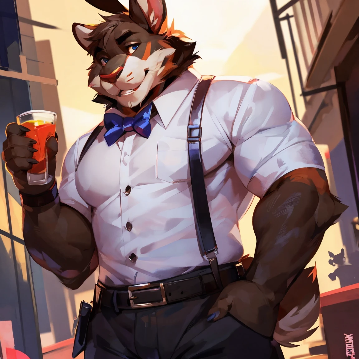 Rabbit, anthro, (solo) in social white shirt, bow tie, black pants, social, belt, black belt, By mystikfox61