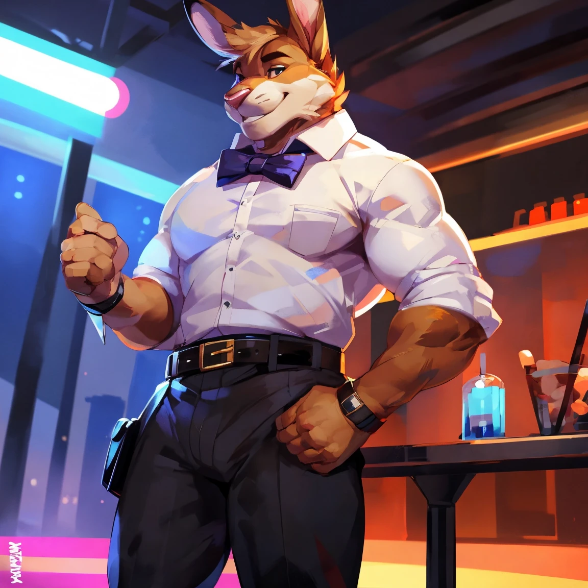 Rabbit, anthro, (solo) in social white shirt, bow tie, black pants, social, belt, black belt, By mystikfox61