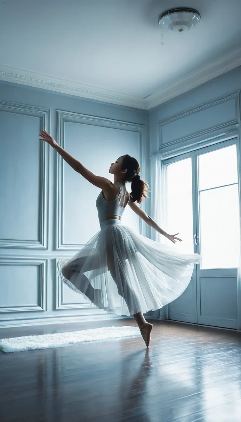 Ghost girl floating in the room，Dynamic back bend pose