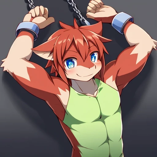 ((((((SFW)))))), (((detailed eyes, detailed face))), (dragon), male,  und\erwear, standing,  (arms above head, bondage, cuff \(restraint\), chains), smile BREAK (konzaburou, ukan_muri, cute), (soft shading), 