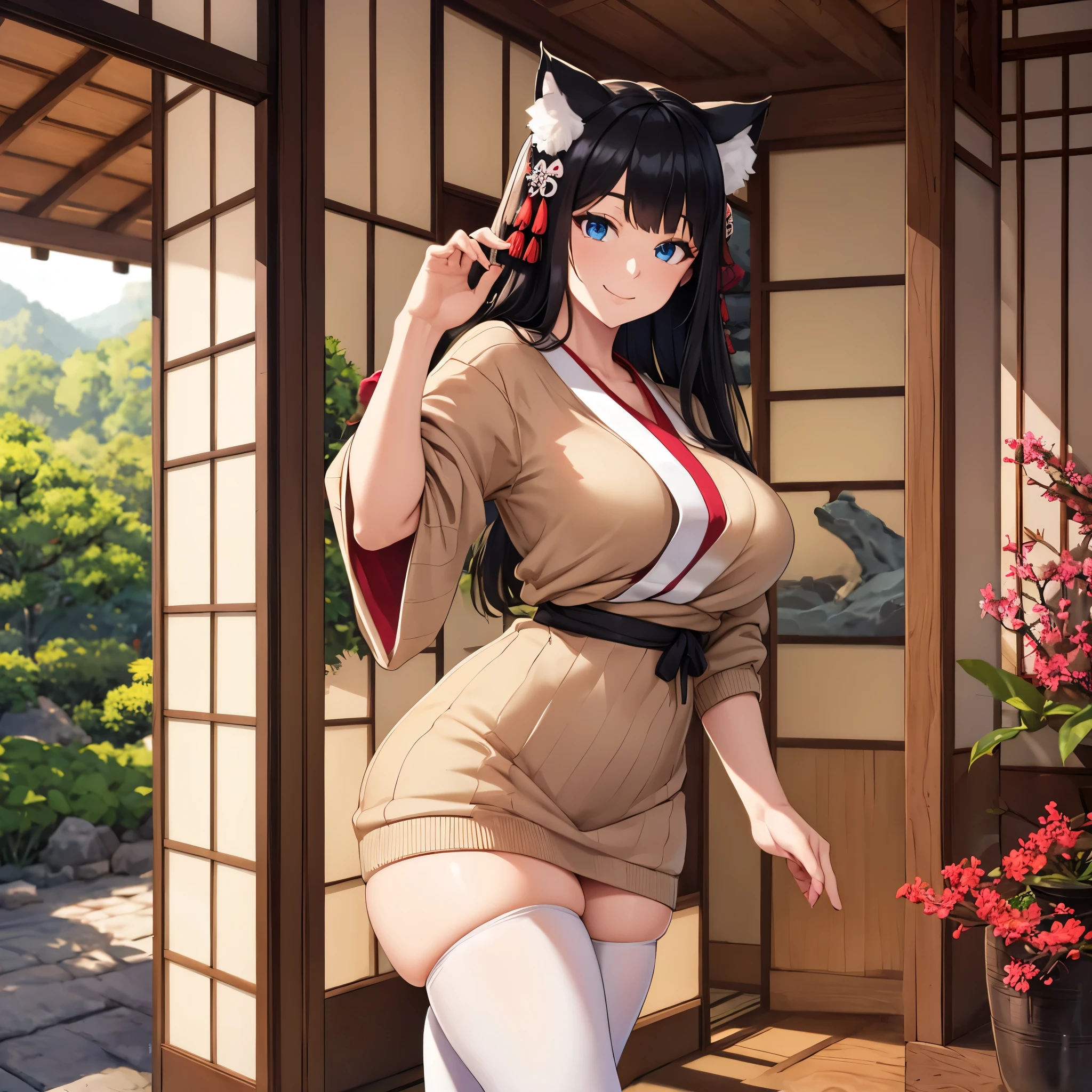 a woman wearing a beige sweater, with exposed thigh, long white stockings, large breasts, long black hair, neko ears, blue eyes, smiling, bangs in her hair, standing in a traditional Japanese house, overlooking a Japanese garden.(solo woman), HDR, ultra resolution, sharp, masterpiece, 8K HD
