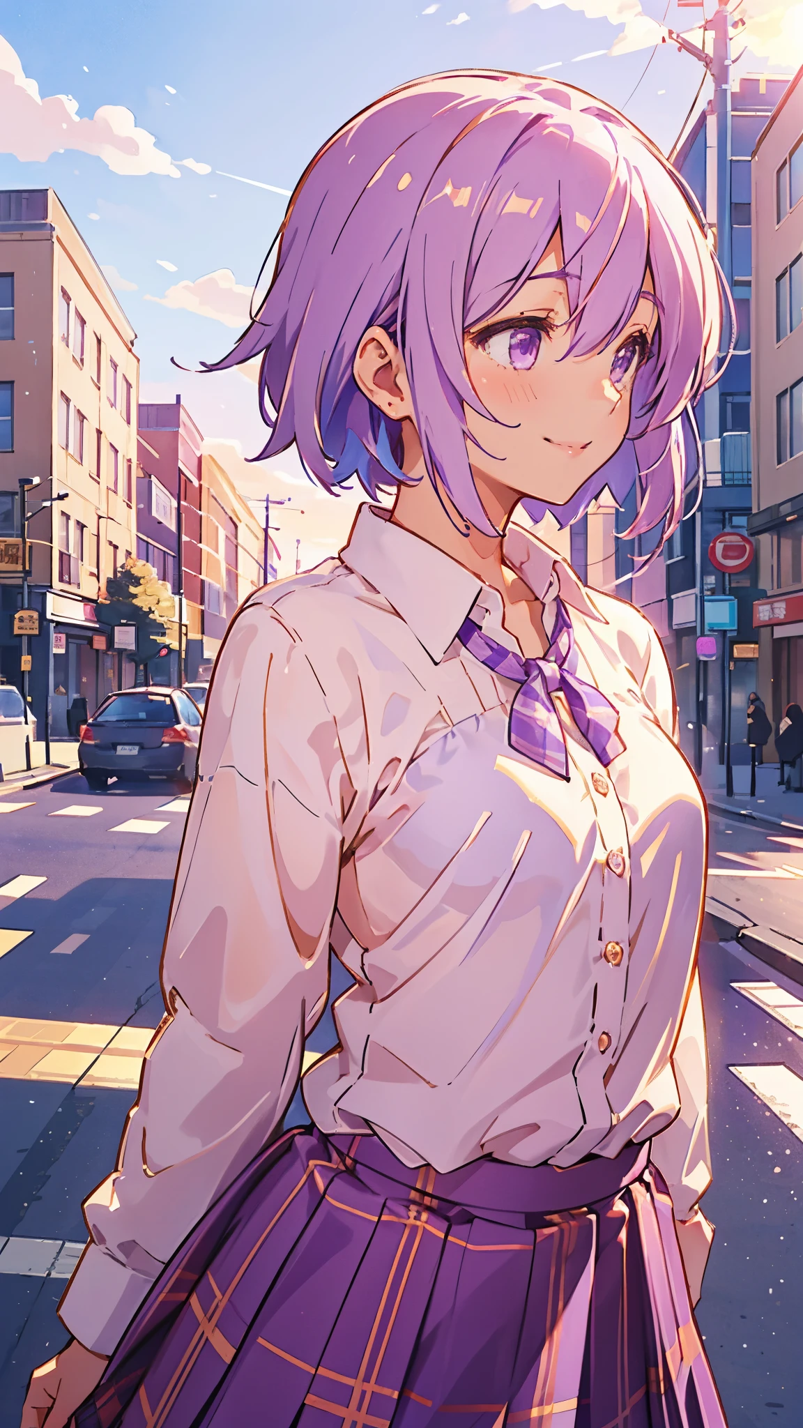 alone、Yuzuki Yukari、Small breasts、Slim figure、smile、profile、Light purple hair、short hair、(Hair between the eyes)、（white blouse shirt:1.2、Tartan Check Skirt）、Upper body close-up、Golden Hour Sky