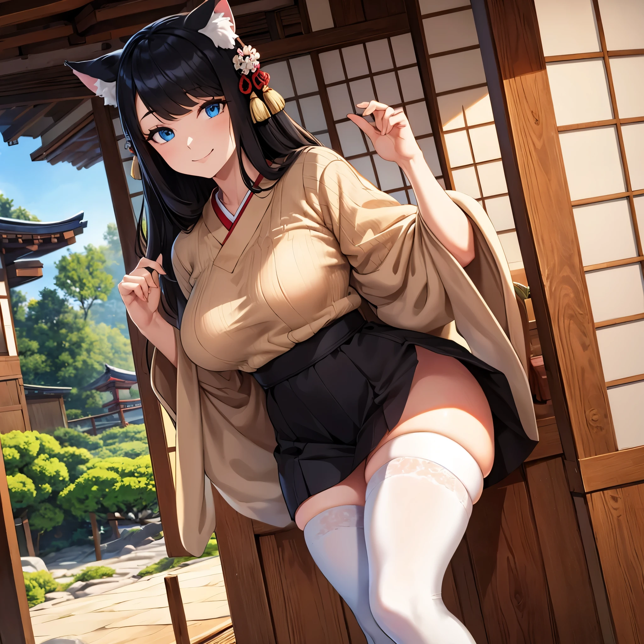 a woman wearing a beige sweater, with exposed thigh, long white stockings, large breasts, long black hair, neko ears, blue eyes, smiling, bangs in her hair, standing in a traditional Japanese house, overlooking a Japanese garden.(solo woman), HDR, ultra resolution, sharp, masterpiece, 8K HD
