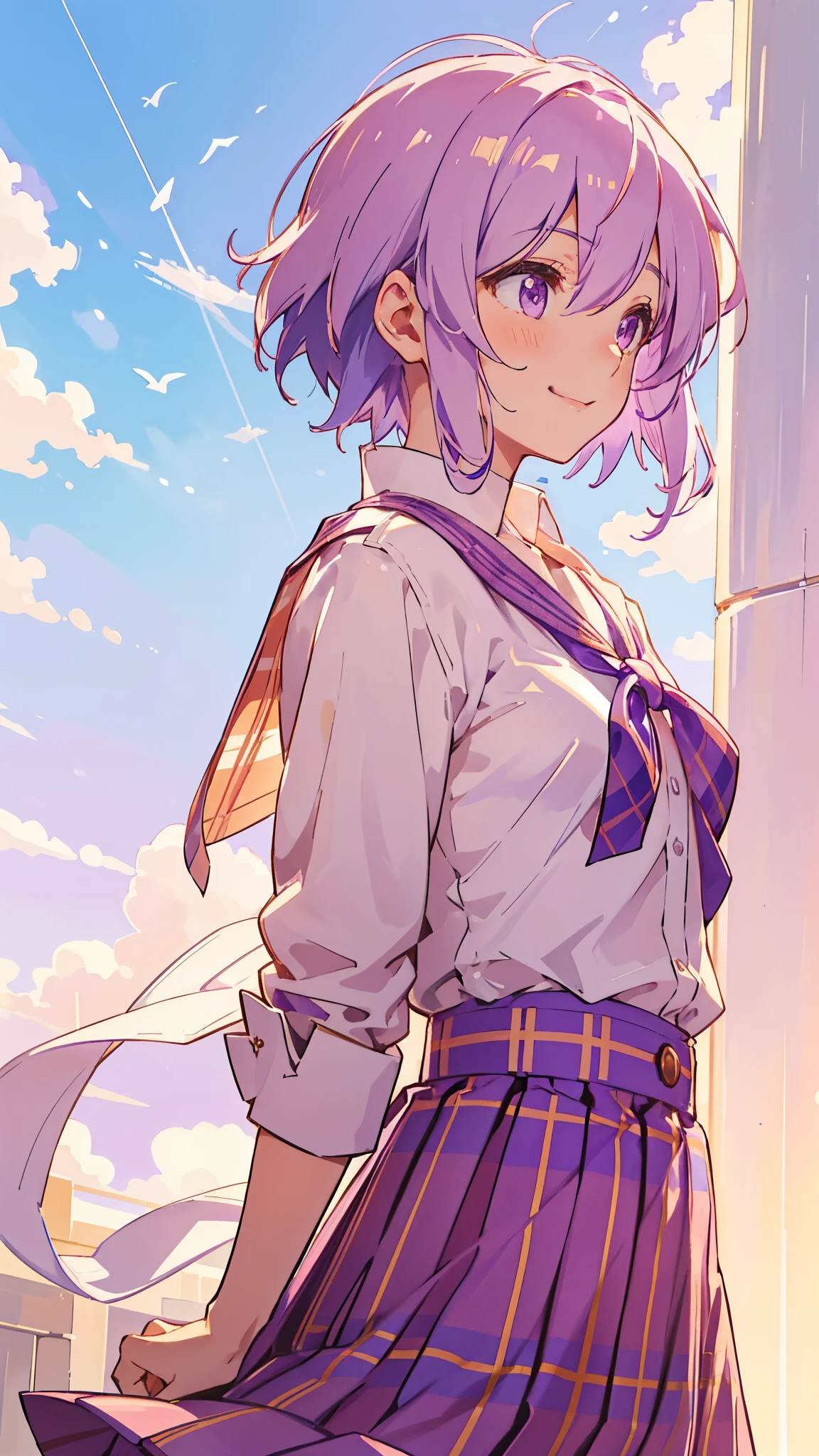 alone、Yuzuki Yukari、Small breasts、Slim figure、smile、profile、Light purple hair、short hair、(Hair between the eyes)、（white blouse shirt:1.2、Tartan Check Skirt）、Upper body close-up、Golden Hour Sky