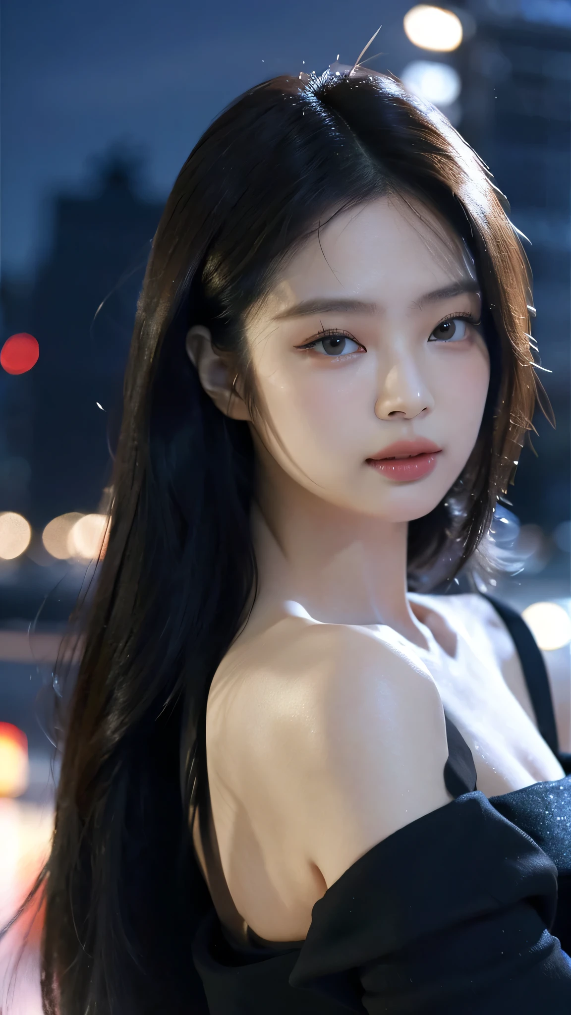 (best quality,4k,8k,highres,masterpiece:1.2),ultra-detailed,(realistic,photorealistic,photo-realistic:1.37),beautiful detailed eyes,beautiful detailed lips,extremely detailed eyes and face,longeyelashes,1girl,jennie blackpink,portrait,photography,vivid colors,warm tones,soft lighting,stylish outfit,confident pose,subtle smile,black hair,navy blue top,fine jewelry,cityscape background,nighttime atmosphere,bokeh