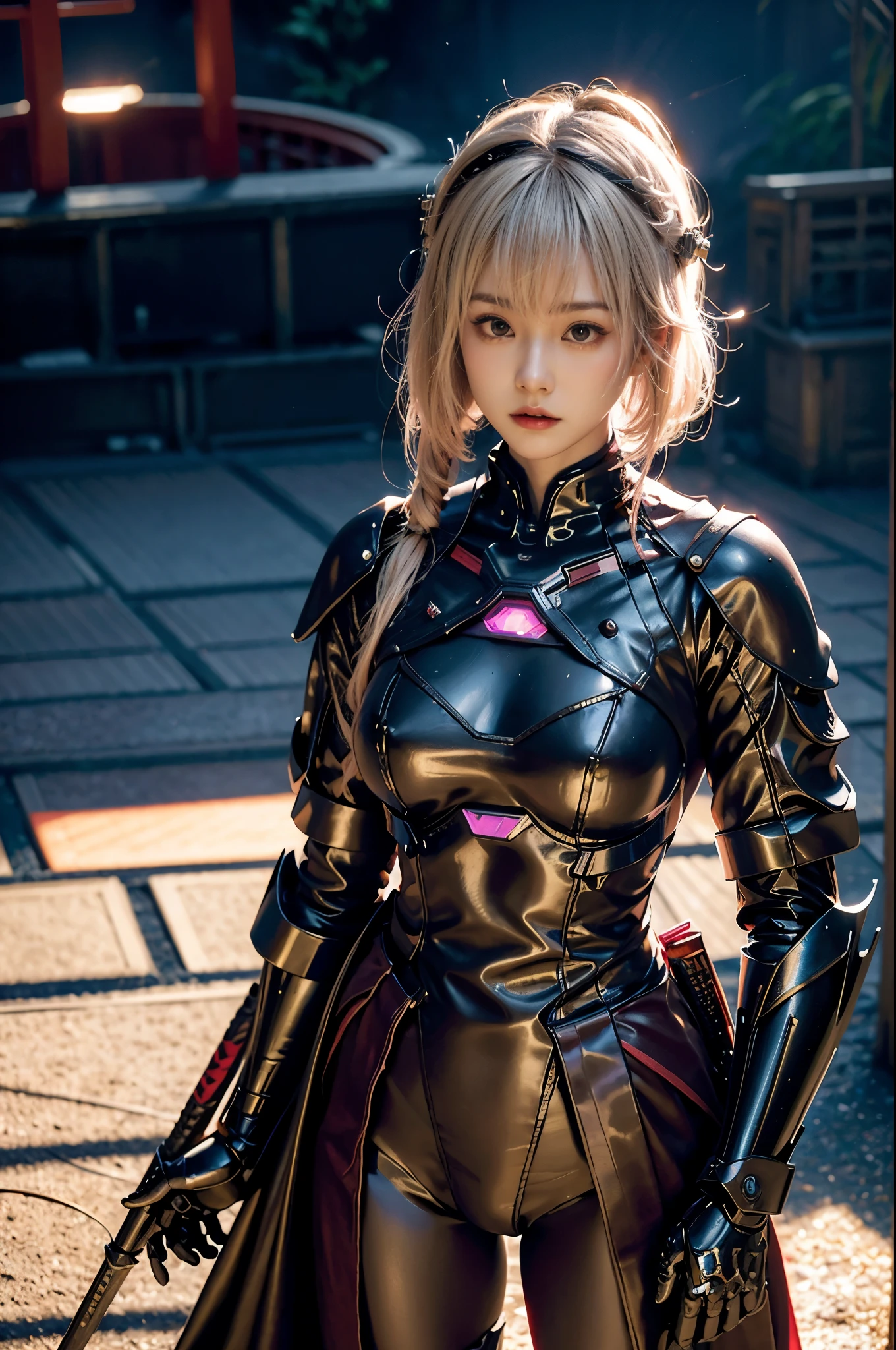glowneon, cinematic film still, A glowing city from above emitting pink and white neon light, dark amethyst，professional photography of ((ctyltzwc woman)), a Cyborg Samurai, blonde hair, wearing black and red, robot body parts and high-tech mechanical armor, Asian style hat, sharp face focus, 16k, HDR, DSLR, insane detailed, holding a samurai sword, Katana, natural light, detailed shadows, award-winning photo, standing in a high-tech Japanese zen garden, casting shadow style,