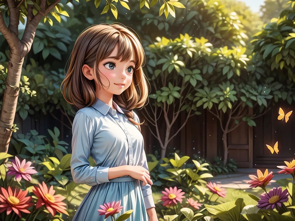 best quality,4k,highres,ultra-detailed,realistic,butterfly chasing scene,beautiful garden,colourful flowers,bright sunlight,girl with flowing dress,expressive eyes and lips,natural and vibrant colours,soft and warm lighting,impressionistic style,lush greenery,sunrays filtering through trees,gentle breeze,stunning details,ethereal atmosphere,peaceful and serene setting,nature-inspired artwork,captivating composition,playful and joyful mood,graceful butterfly flight,delicate and intricate wings,subtle texture,exquisite brushwork,alive with movement and energy,harmonious blend of realism and abstraction,sense of wonder and enchantment,immersive visual experience,artistic masterpiece