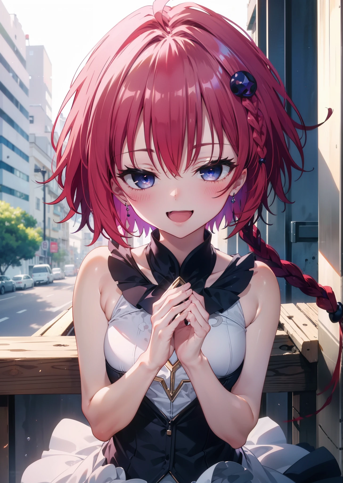 (masterpiece, highest quality:1.2),shape,8k,High resolution,kurosaki mea,Cowboy Shot,As if your whole body is in the illustration,1 girl,happy smile, smile, Open your mouth,Red hair,Long braids,Upper Body,(Portraiture:1.2),hair ornaments,smile,Purple eyes,Medium Chest,White Hair Band,Sleeveless dress,Long skirt,Cute Sandals,happy smile, smile, Open your mouth,smile,blush, Building district (Cowboy Shot:1. 5),(masterpiece:1.2), highest quality, High resolution, unity 8k wallpaper, (shape:0.8), (Beautiful and detailed:1.6), Highly detailed face, Perfect lighting, Extremely detailed CG, (Perfect hands, Perfect Anatomy),