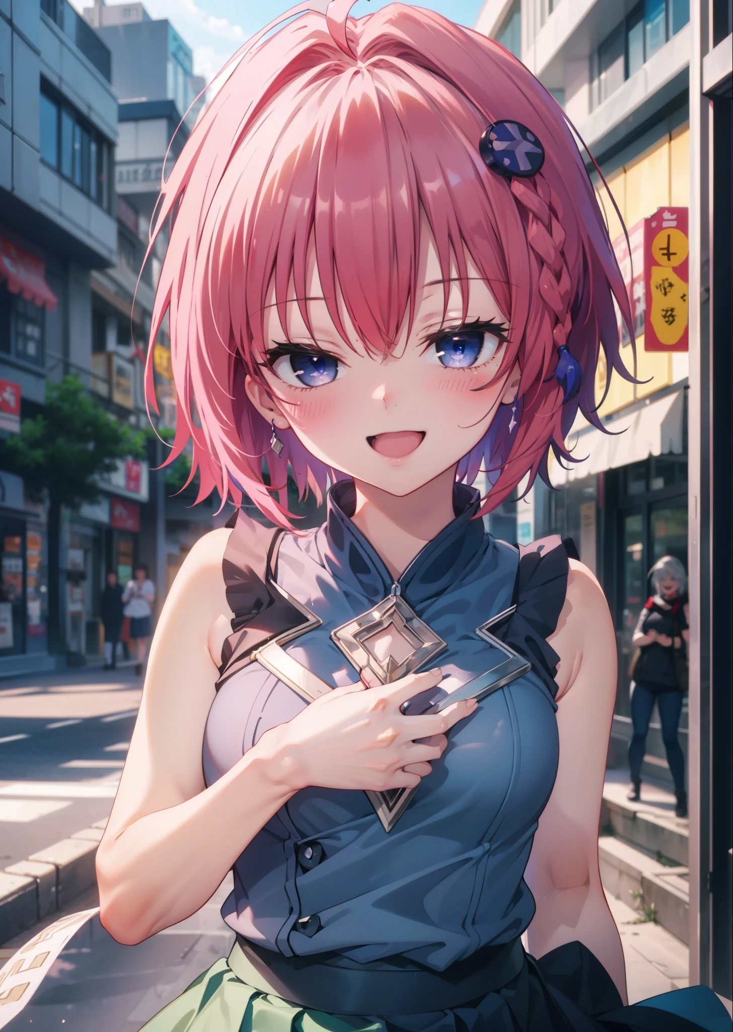 (masterpiece, highest quality:1.2),shape,8k,High resolution,kurosaki mea,Cowboy Shot,As if your whole body is in the illustration,1 girl,happy smile, smile, Open your mouth,Red hair,Long braids,Upper Body,(Portraiture:1.2),hair ornaments,smile,Purple eyes,Medium Chest,White Hair Band,Sleeveless dress,Long skirt,Cute Sandals,happy smile, smile, Open your mouth,smile,blush, Building district (Cowboy Shot:1. 5),(masterpiece:1.2), highest quality, High resolution, unity 8k wallpaper, (shape:0.8), (Beautiful and detailed:1.6), Highly detailed face, Perfect lighting, Extremely detailed CG, (Perfect hands, Perfect Anatomy),