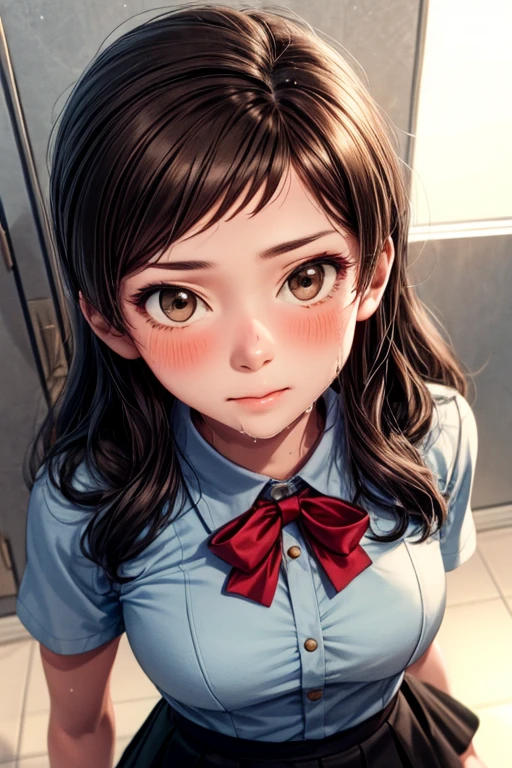 Clear Face,masterpiece,super high quality, Very detailed,Perfect drawing,Hmph,3D,8k,beautiful girl,One girl,Has long brown hair、Gray Uniform、Black Skirt, Red ribbon on uniform、((She glared at me sharply.., Looking down from above)), beautiful girl with a wonderful face, Long eyelashes, School、locker room、Human Anatomy、shiho kitazawa、blush、Estrus、Wet clothes、Light blue underwear