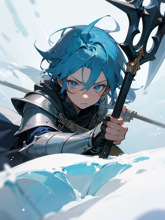Masterpiece, best quality, expressive eyes, perfect face, fantasy weapons, armor , anime, solo, polearm, male focus, 1boy, weapon, trident, skindentation, blue eyes, ice, snowy background, 