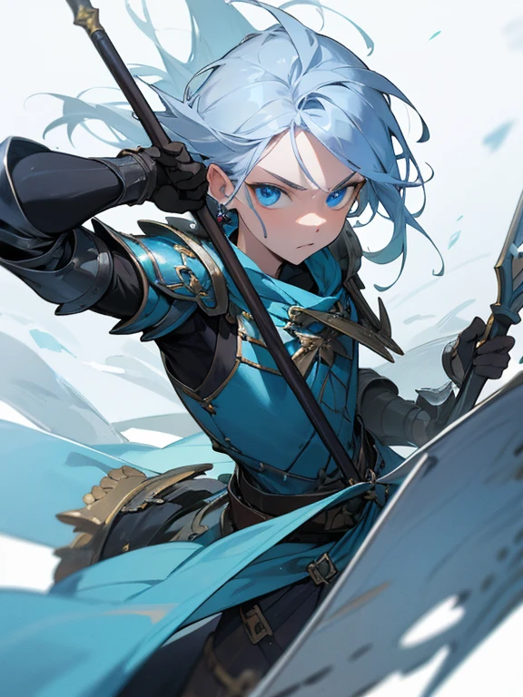 Masterpiece, best quality, expressive eyes, perfect face, fantasy weapons, armor , anime, solo, polearm, male focus, 1boy, weapon, trident, skindentation, blue eyes, ice, snowy background,