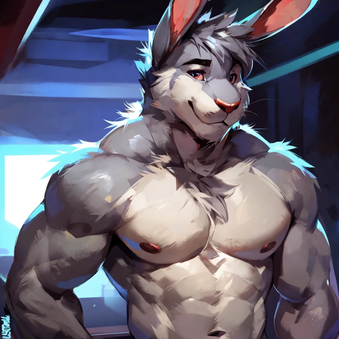 Medium muscular, full body shot, rabbit, long ears, ears raised, poofy fur, grey and blue fur, perfect eyes, naked, penis, testicles, erection, open mouth, tongue hanging out, erotic expression, cumshot, cum, excessive cum, cum on face, cum in mouth, mystikfox61, chunie, zourik