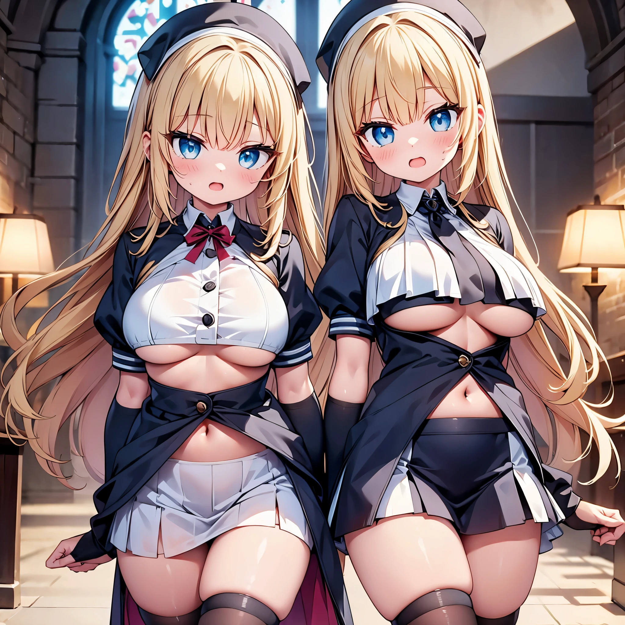 (cute eyes:1.2), (sparkling eyes:1.2), highest quality,wonderful,finely,extremely detailed CG Unity 8K wallpaper, (Stand in line:1.2), (3 girls, clothed), (nun:1.1), (Underboob:1.2), (midriff peek:1.2), (midium breasts), (open mouth:1.1), (long tongue:1.1), (mouth drool:1.1), (black stockings:1.1),(Thighs:1.2)