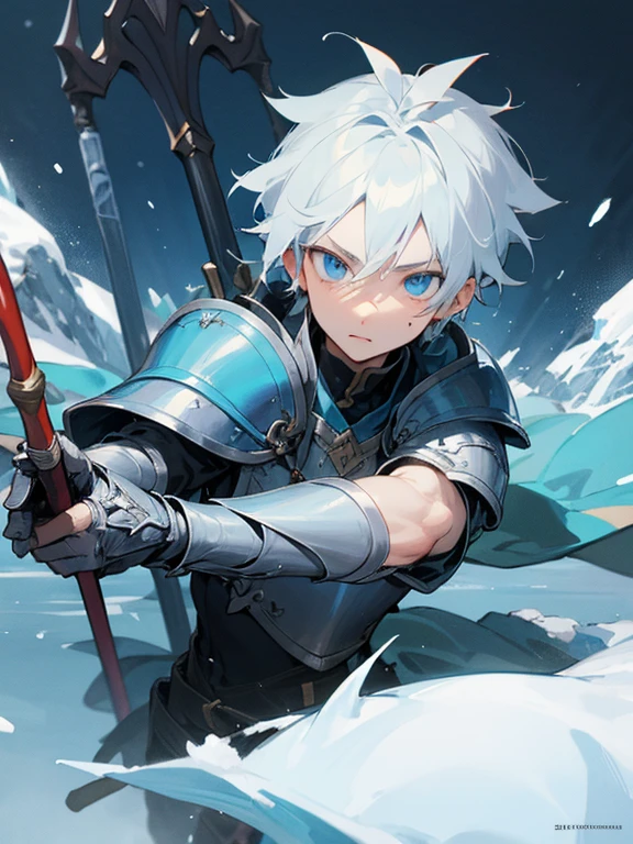 Masterpiece, best quality, expressive eyes, perfect face, fantasy weapons, armor , anime, solo, polearm, male focus, 1boy, weapon, trident, skindentation, blue eyes, ice, snowy background, 