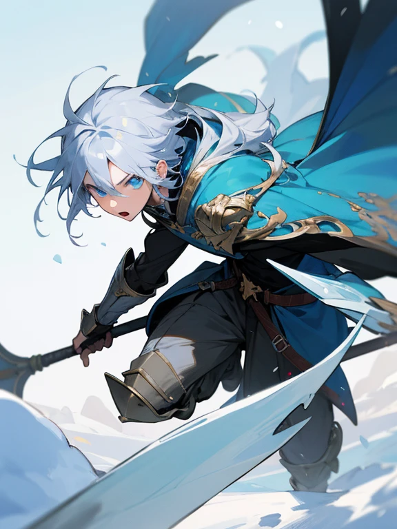 Masterpiece, best quality, expressive eyes, perfect face, fantasy weapons, armor , anime, solo, polearm, male focus, 1boy, weapon, trident, skindentation, blue eyes, ice, snowy background, 