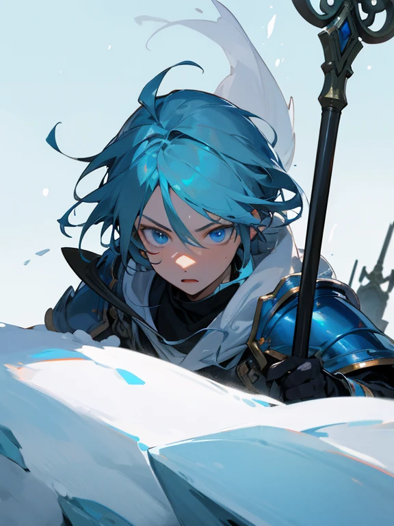 Masterpiece, best quality, expressive eyes, perfect face, fantasy weapons, armor , anime, solo, polearm, male focus, 1boy, weapon, trident, skindentation, blue eyes, ice, snowy background,