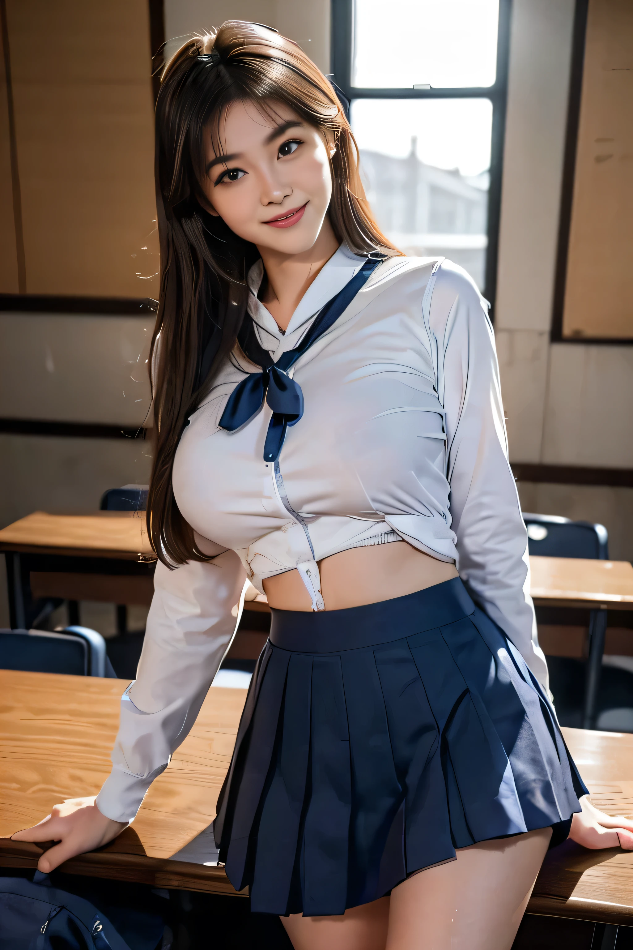 ((Beautiful Japanese Girls:1.3)) ((School uniform:1.4)) ((Panty shot:1.5)) ((high school)),((Dark Blue Skirt:1.3)) ((In the classroom:1.3)) ((thin_fabric:1.4)) ((Random sexy poses:1.3)) ((Sweaty:1.5))((Blushing:1.4)) ((Big Breasts:1.4)) ((close:1.2)) highest quality,masterpiece,Ultra-high resolution,(Realistic:1.4),RAW Photos,(Real skin texture:1.3),(Film Grain:1.3),Panorama,Portraits,Very wide shot,Tight waist,Cowboy Shot,(In the Dark, Deep Shadow, Modest, Cold Light,) night,(()),Tears flow,,Dust,Tyndall effect,(Performance),One girl,Beautiful and detailed eyes and face,White Jabot,Brown eyes,((Brown Hair:1.2)) ((whole body:1.3)) ((smile:1.3))