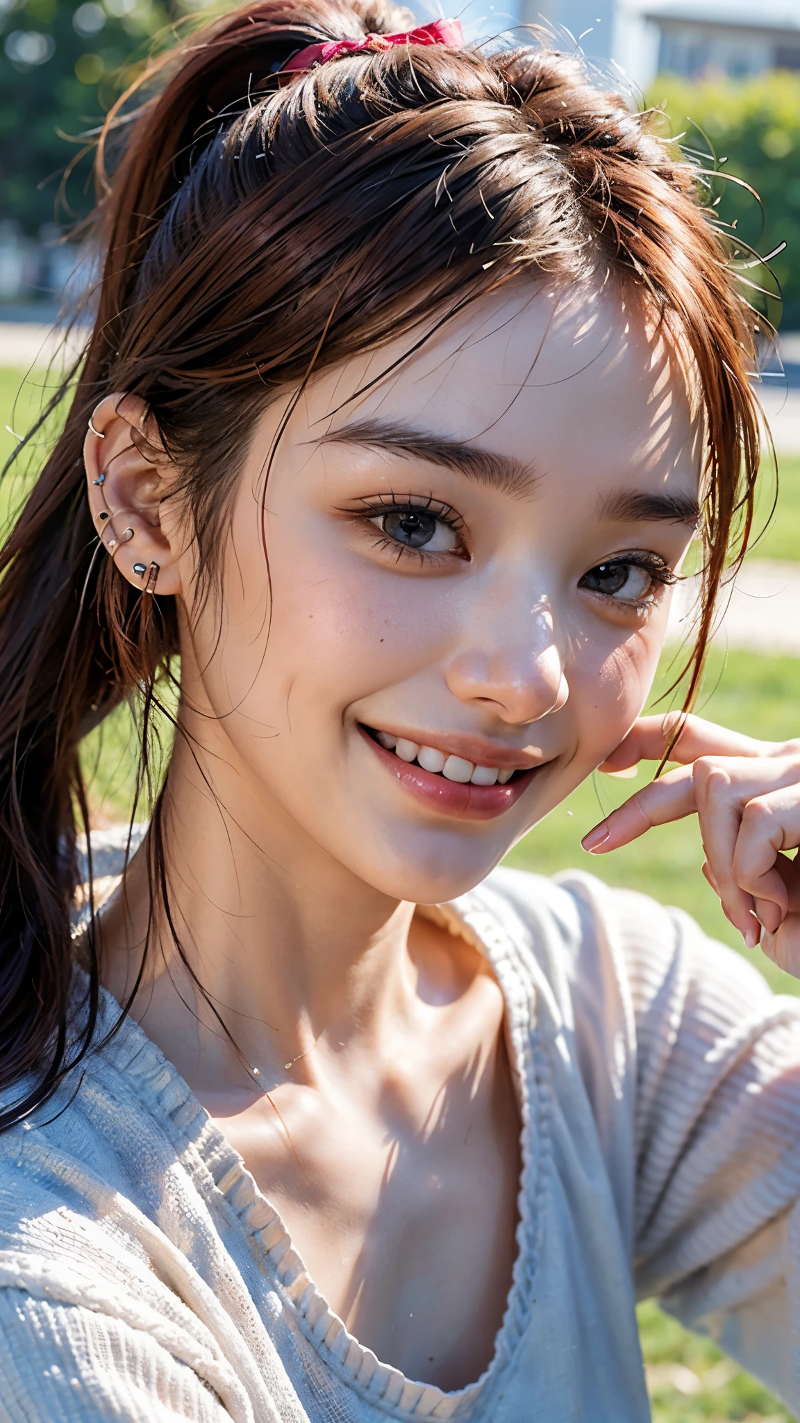 highest quality, masterpiece, Ultra-high resolution, (Realistic:1.4), (Close-up portrait) RAW Photos, 1 girl,20-year-old,((Morning Glory Park)),((Wireless Earphones)),((Nose Piercing)),,((Maroon ponytail)),((High Fashion)),Messy Hair,((Cap Chestnut)),((Bangs short)),Realistic,Picture Media Chest)),((Smiling with teeth showing)),((Big smile))