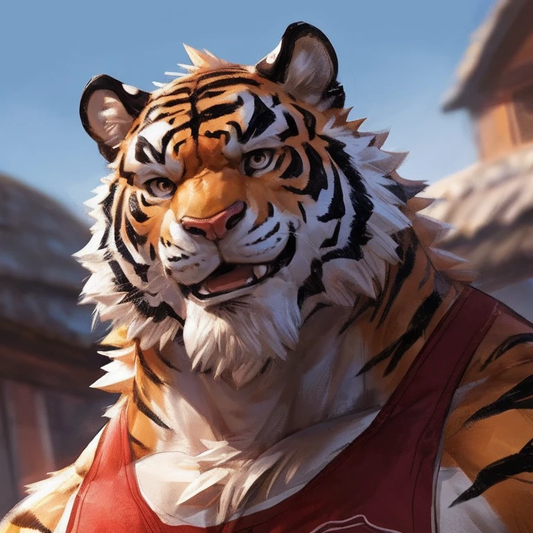 human nature, cannon, male, solitary, ((Round Face, Very plump face, thick beard)), ((endomorph body type, Handsome)), (shirt), ((domestic tiger, tiger) Fluffy fur, Fluffy), (In the countryside), Tourist guide，high quality，Bokeh, (high quality, high resolution, masterpiece), (Dynamic Lighting, Vibrant colors), (Generous smile), (Face focus), Front view (close up), cartoon, by lindong