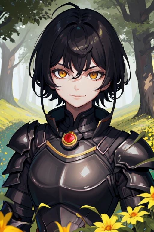 ((Masterpiece: 1.2, Best quality)),(Tough knight, Short black hair, Golden eyes, scar across right eye, Black armor), fantasy, forest, Blooming flowers, Sunlight, Fantastic light and shadow, landscape, Highly detailed face, Portrait, Smile