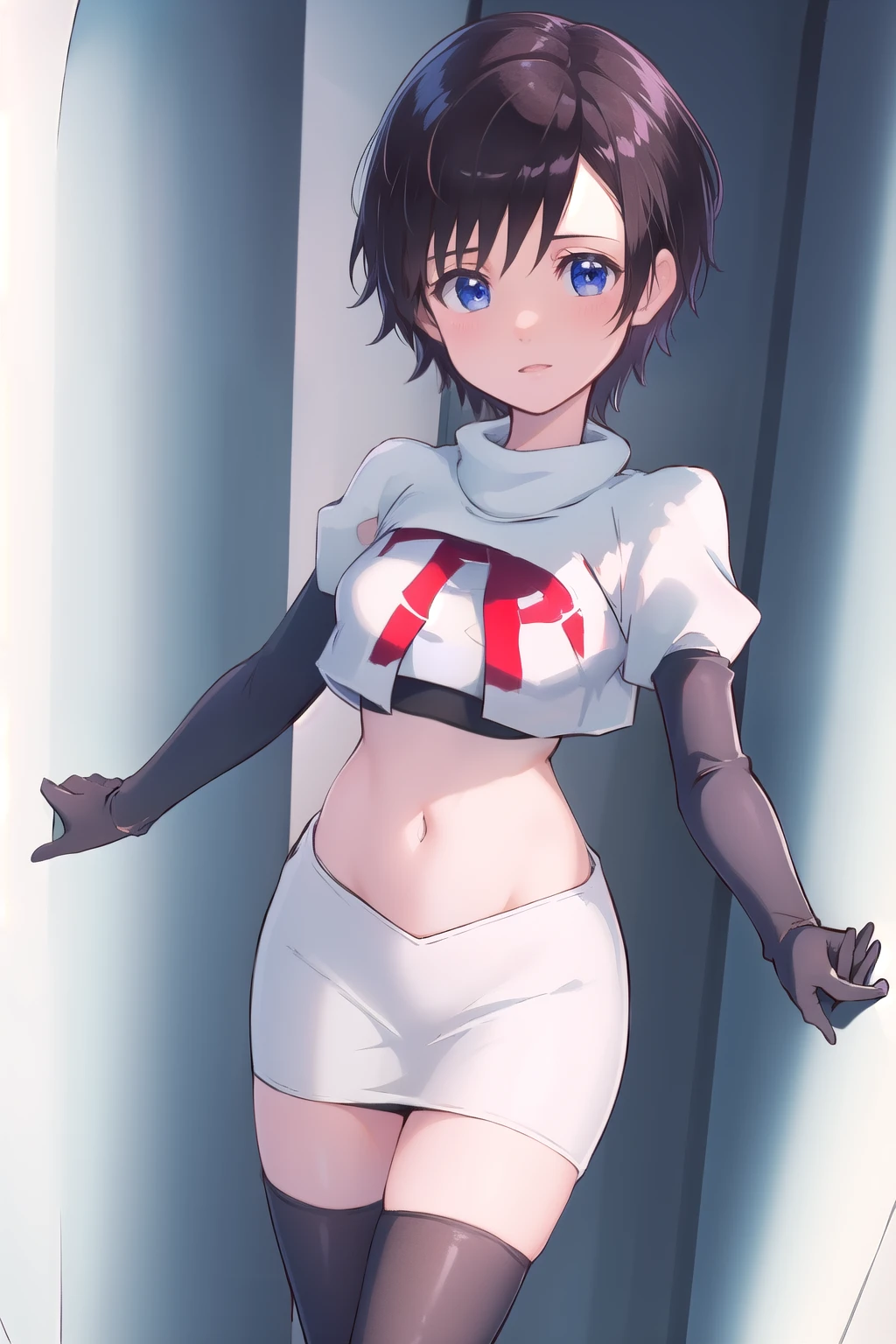 masterpiece, best quality, highres, aaxion, short hair, team rocket,team rocket uniform,white skirt,red letter R,crop top,black thigh-highs,black elbow gloves, cowboy shot, 