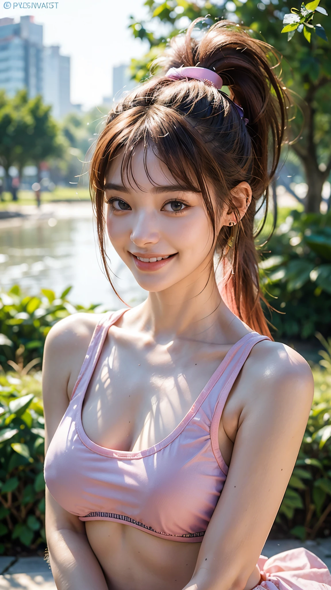 highest quality, masterpiece, Ultra-high resolution, (Realistic:1.4), (Close-up portrait) RAW Photos, 1 girl,20-year-old,((Morning Glory Park)),((Wireless Earphones)),((Nose Piercing)),,((Passion pink ponytail)),((High Fashion)),Messy Hair,((Cap Chestnut)),((Bangs short)),Realistic,Picture Media Chest)),((Smiling with teeth showing)),((Big smile))