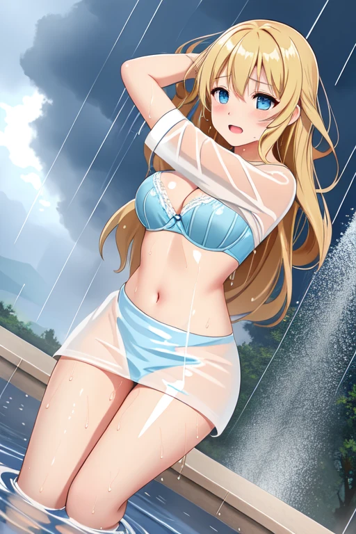 One girl、bra、Panties、Light blue eyes、Blonde、Long Hair、heavy rain、storm、thunder、(Soaking wet:1.7)、View your viewers、Big Breasts