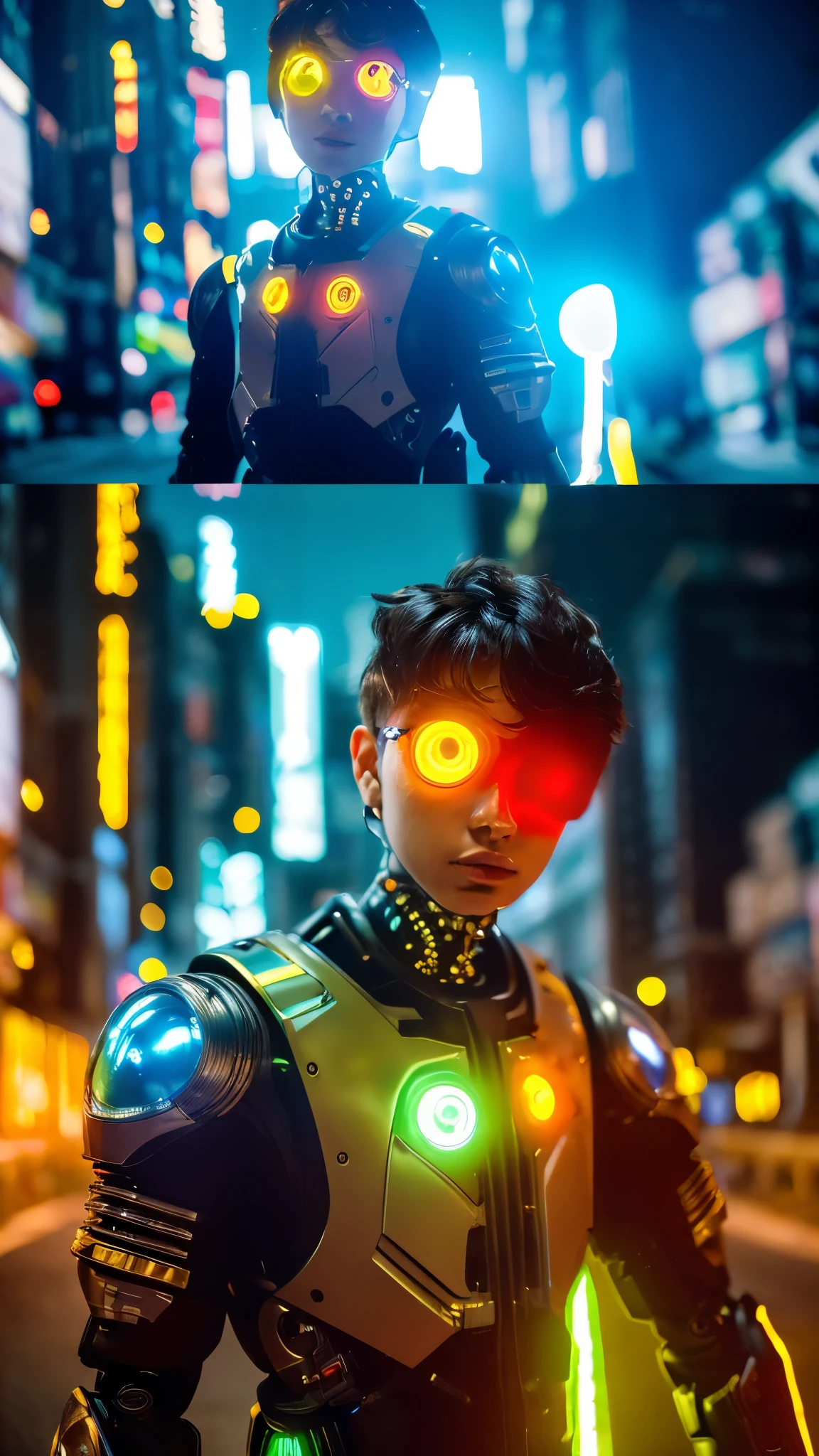 An award winning master piece photo of a cyborg man with psychedelic colors standing in a city street at night in the rain, wearing neon-colored glowing goggles, 8k, (high quality:1.1), (cinematic feeling:1.1), dark deep shadows, incredibly intricate detailing, art , (up close:1.1), from above, looking at viewer, (light sparkles:1.1), (chromatic aberration,:1.2) background with floating light artifacts