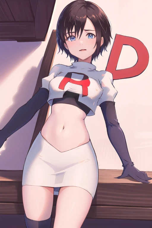 masterpiece, best quality, highres, aaxion, short hair, team rocket,team rocket uniform,white skirt,red letter R,crop top,black thigh-highs,black elbow gloves, cowboy shot, 