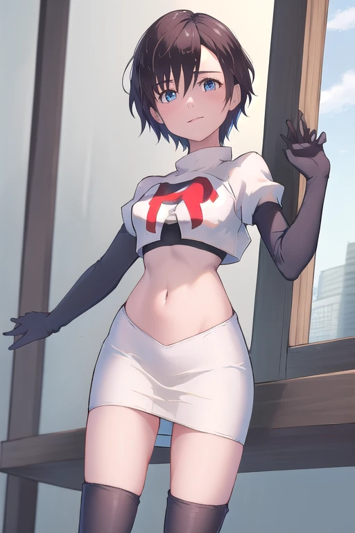 masterpiece, best quality, highres, aaxion, short hair, team rocket,team rocket uniform,white skirt,red letter R,crop top,black thigh-highs,black elbow gloves, cowboy shot, 