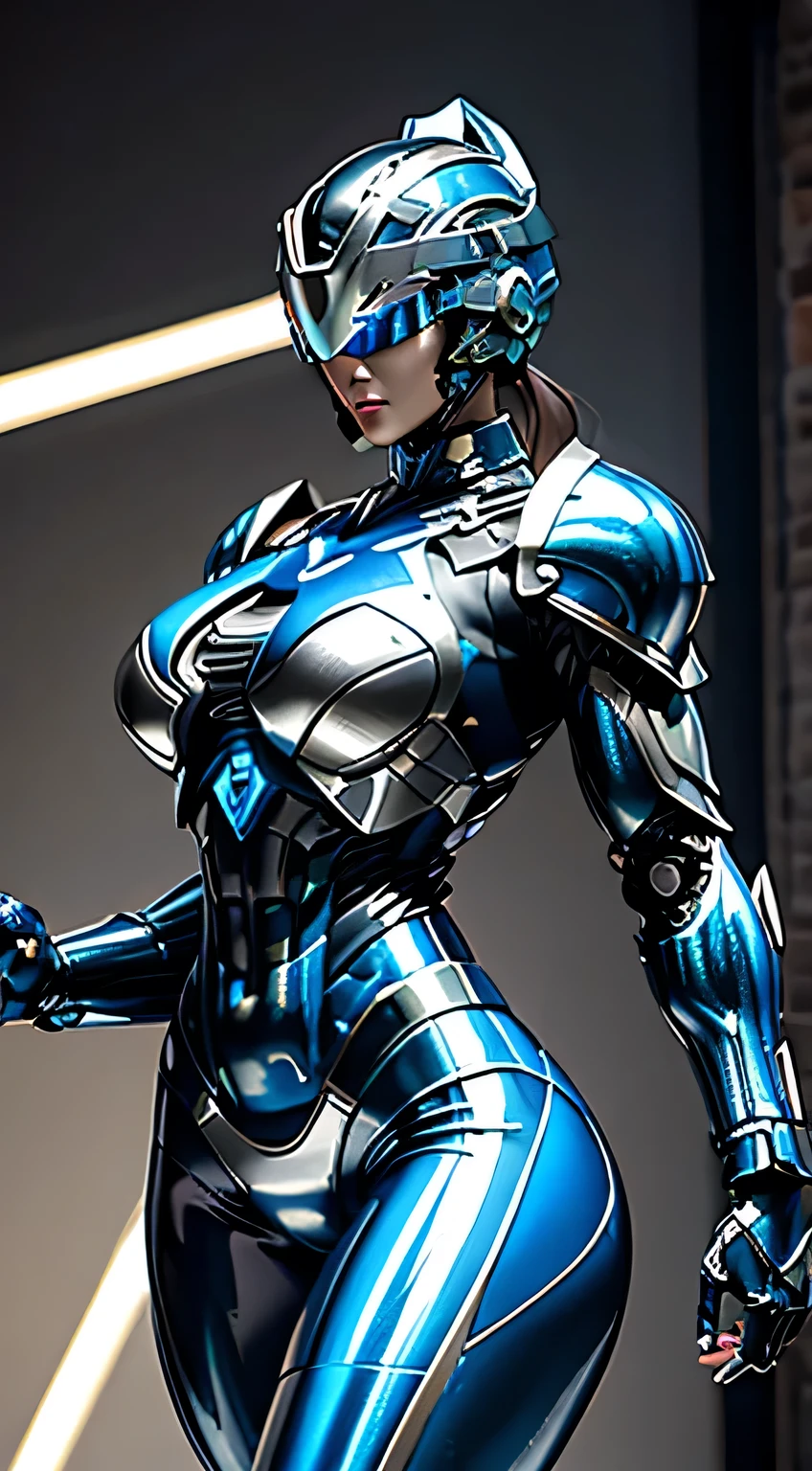 Female Robocop Solo、Bright outdoors、strong light source、8K, high quality, masterpiece, 最high quality、Very detailed、Armor that completely covers the whole body、Very large armor、Helmet covering the head、Clear photos、The eyes are hidden by thin, straight goggles:1.3、The lower half of the face is flesh:1.5、Face exposed from nose down:5.0、Luscious lips、Fluorescent navy metallic armor with thin white lines、Armor that completely covers the chest、Long, slender legs、Vivid poseable body view,Big and ample breasts:1.5, (Sports Body:1.5)、Five Fingers、Photos in the city