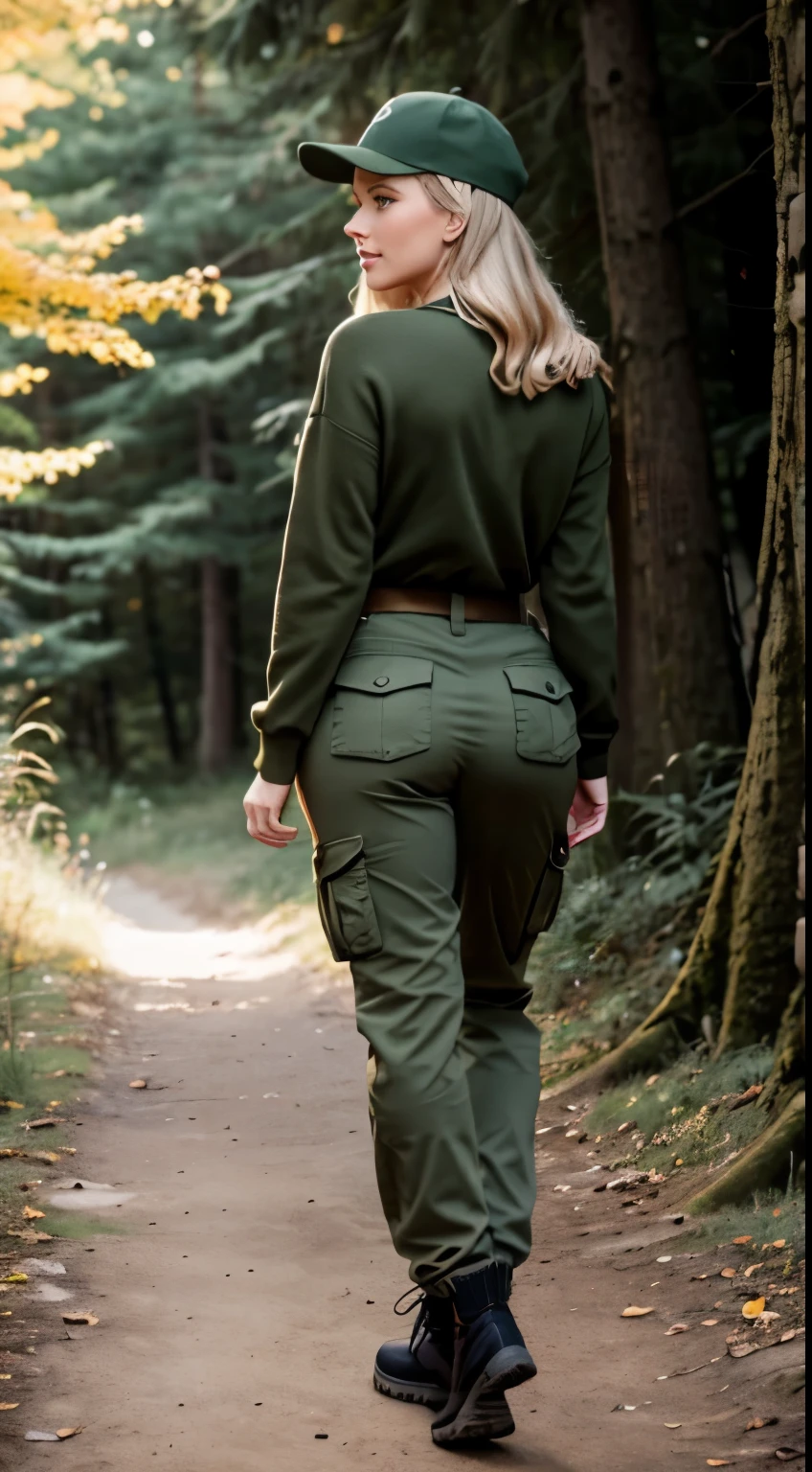Foto hiperrealista en primer plano de Emily Sears, masterpiece, best quality, (photorealistic:1.4), full body, (army green winter Plus Size Long Sleeve Pullover casual Sweater:1.1), (army green cargo pants:1.2), (trucker hat), fall hiking in the forest, cinematic light, beautiful woman, skinny, large breasts, blond hair, detailed face, smile, facing the camera, photo taken from a distance, age of 20 years old, she walks away, her butt is visible