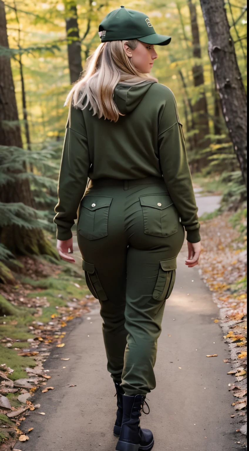Foto hiperrealista en primer plano de Emily Sears, masterpiece, best quality, (photorealistic:1.4), full body, (army green winter Plus Size Long Sleeve Pullover casual Sweater:1.1), (army green cargo pants:1.2), (trucker hat), fall hiking in the forest, cinematic light, beautiful woman, skinny, large breasts, blond hair, detailed face, smile, facing the camera, photo taken from a distance, age of 20 years old, she walks away, her butt is visible