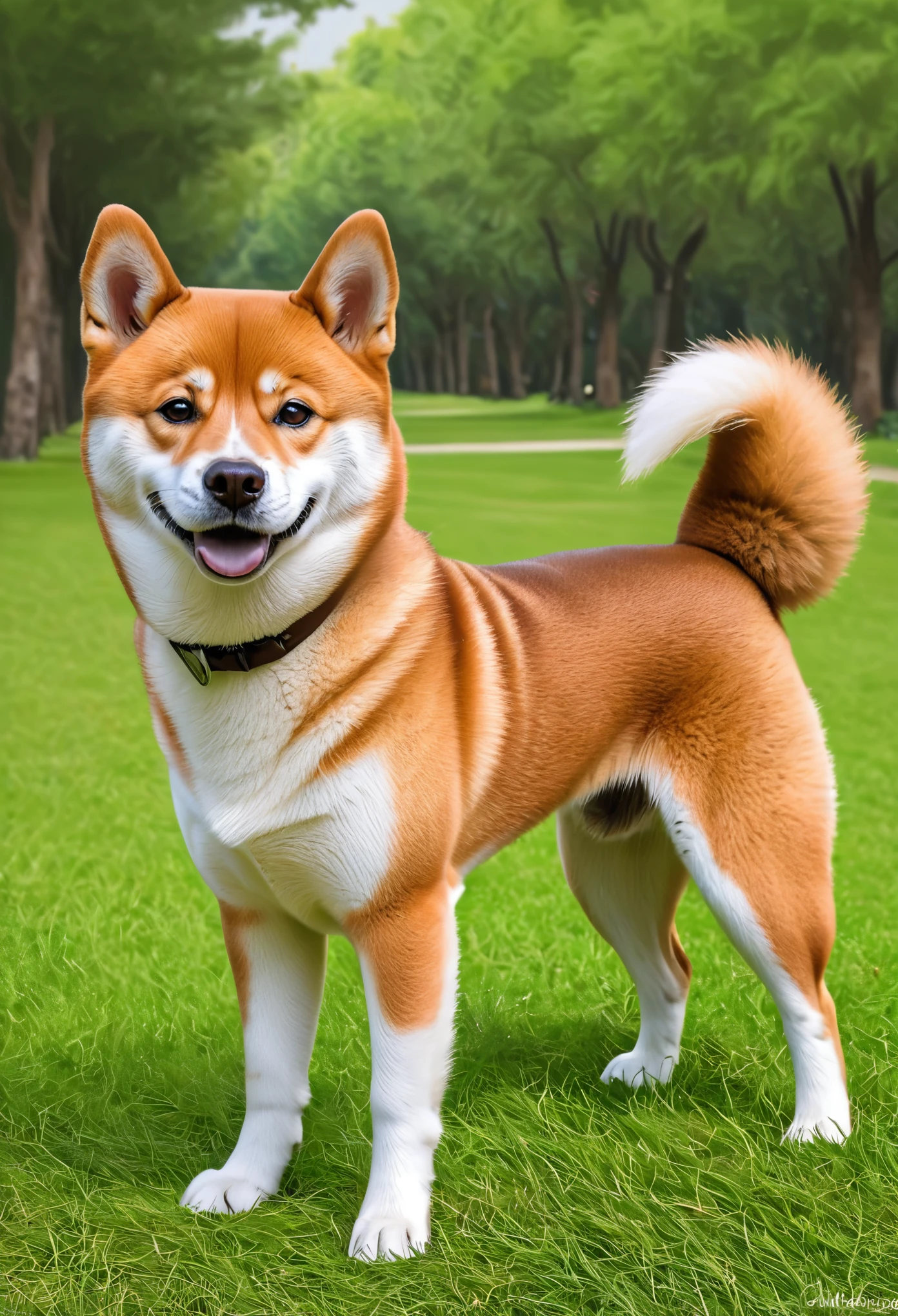 (short-haired Shiba Inu),(best quality,highres,masterpiece:1.2),portrait,realistic,medium:pencil sketches,happy expression,alert and curious eyes,furry ears and tail,reddish-brown fur,fine and detailed strokes,soft lighting,warm color tones,playful and energetic posture,outdoor background,grass and trees,adorable and loyal companion,minimalist Journey