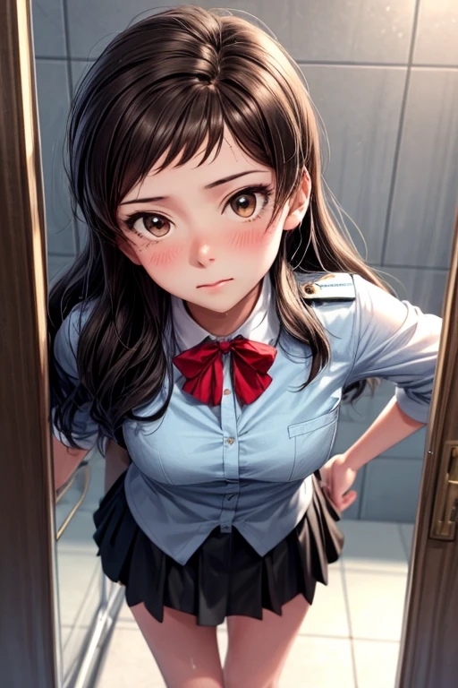 Clear Face,masterpiece,super high quality, Very detailed,Perfect drawing,Hmph,3D,8k,beautiful girl,One girl,Has long brown hair、White collared shirt、Black Skirt, Red ribbon on uniform、((She glared at me sharply.., Looking down from above)), beautiful girl with a wonderful face, Long eyelashes, School、locker room、Human Anatomy、shiho kitazawa、blush、Estrus、Wet shirt、Light blue bra