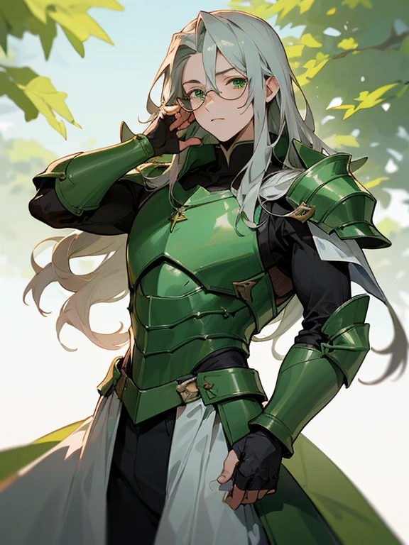 Masterpiece, best quality, expressive eyes, perfect face, the anime is posing in a white and green costume with long hair, 1boy, male focus, solo, long hair, green armor, trees, glasses, green eyes