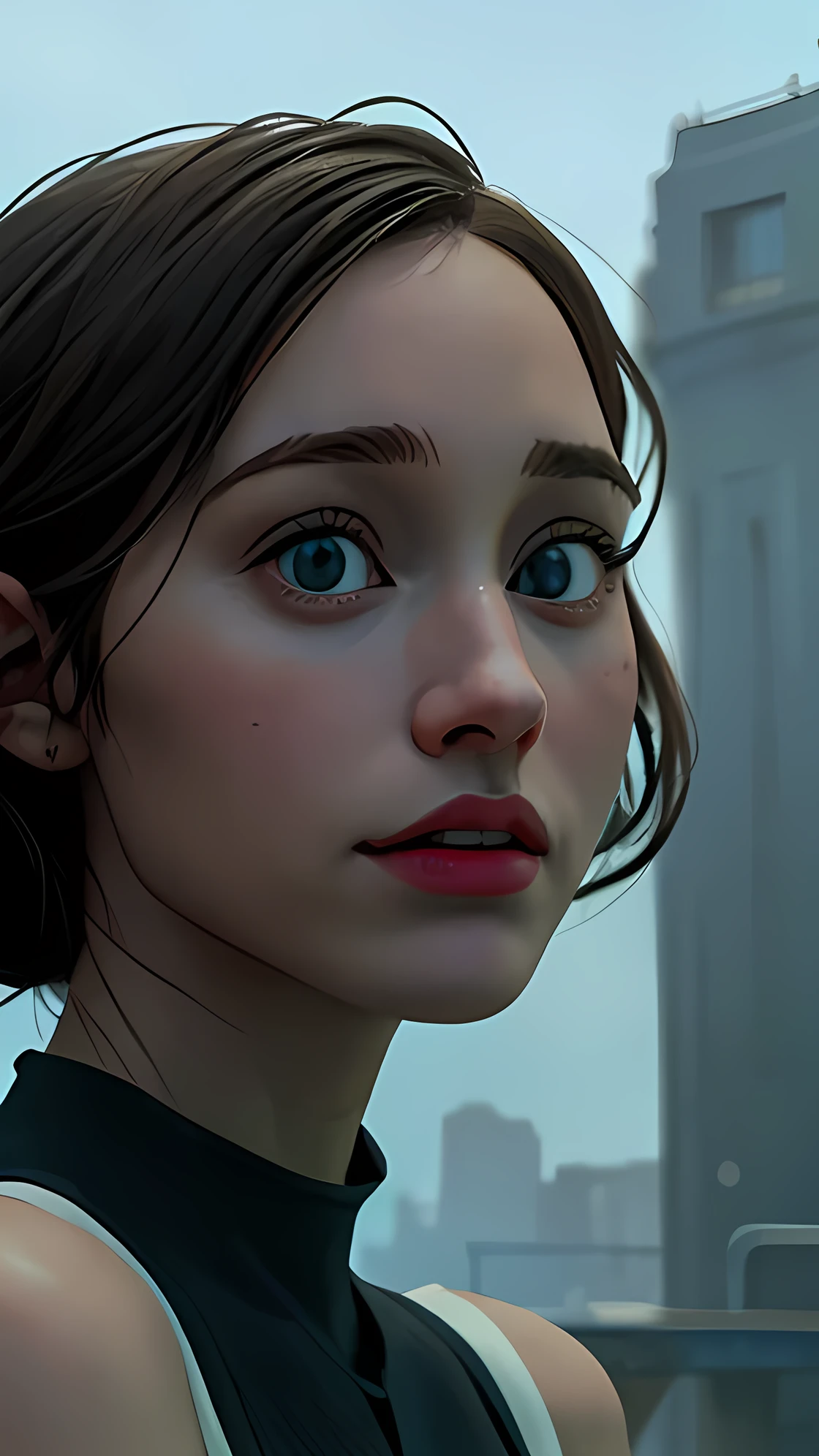 Foto hiperrealista en primer plano de Kelsey Asbille, masterpiece, best quality, (photorealistic:1.4), Create dystopian masterpieces. Depict the cityscape in the gritty style of the game's concept art. This work should evoke a sense of abandonment and despair in a futuristic, post-apocalyptic world. Notice the intricacies of detail, the sharp focus.