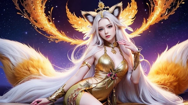 The fox queen sits in front of a nine-tailed fox、(absurdly ,high quality , Super detailed,(See photographer ),(fox god,nine-tailed fox) ,beautiful long white hair,Costumes with detailed, beautiful and colorful patterns
