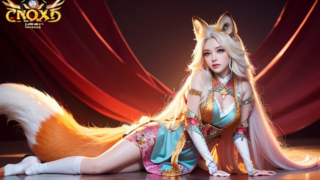 The fox queen sits in front of a nine-tailed fox､(absurdly ,high quality , Super detailed,(See photographer ),(fox god,nine-tailed fox) ,beautiful long white hair，Costumes with detailed, beautiful and colorful patterns