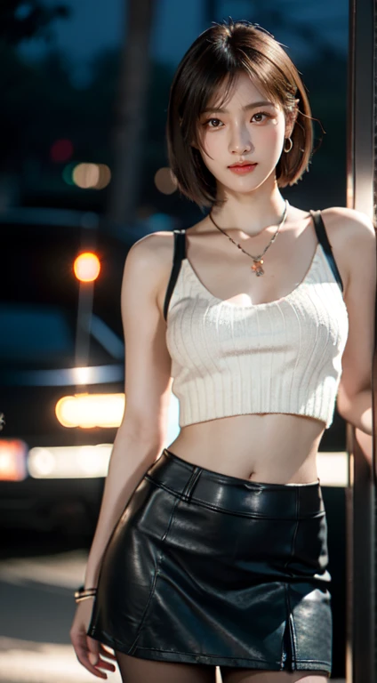 8k, masterpiece, RAW photo, best quality, photorealistic, extremely detailed CG unity 8k wallpaper, Depth of field, Cinematic Light, Lens Flare, Ray tracing, (extremely beautiful face, beautiful lips, beautiful eyes), intricate detail face, ((ultra detailed skin)) 1girl, in the dark, deep shadow, pretty asian girl, 1 girl, (very slim slender fit-muscled body:1.3), ((looking at viewer)),(big smile:1.3), (fashion city night, dark night, (neon sign), (blurred background), street night),(without people in the background:1.3), beautiful earrings, bracelets, necklace, pantyhose, clear eyes, (pale skin), (big eyes), face forward, ((upper body shot)), (looking at viewer:1.3) very slim, medium breasts, (Ultra-realistic, gazing at viewer, short skirt, (hight resolution), (8K), (ighly detailed), (Brown hair, short-hair), (Woman in red short sleeveless sweater, Show the navel), (Slim body)