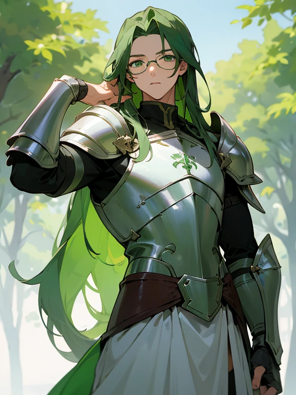 Masterpiece, best quality, expressive eyes, perfect face, the anime is posing in a white and green costume with long hair, 1boy, male focus, solo, long hair, green armor, trees, glasses, green eyes
