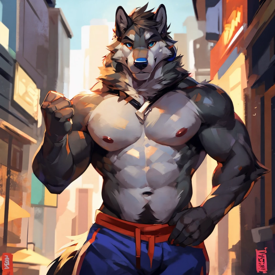 male hyena. full body, (full nude, only see through fundoshi,) big bulge, sweating, realistic, smile, city street, hands behind head, covered huge semen, ahegao,