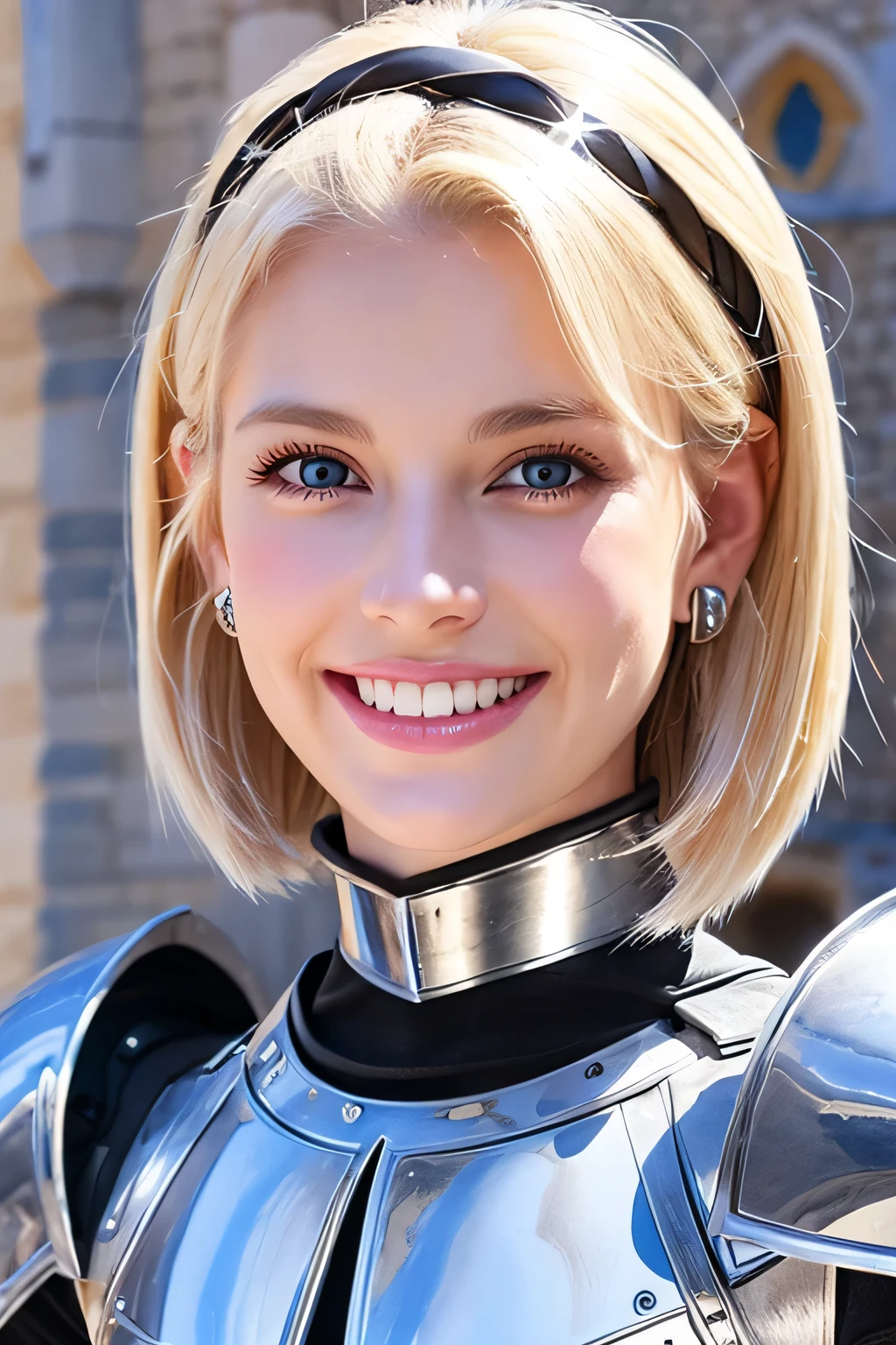 8K、highest quality、female knight、Luxurious Silver Armor、、hairstyle short cut、smile、Beautiful Teeth、Full body photo、ear piercing、blonde、White woman、blue eyes、Heavy makeup、The background is inside the castle
